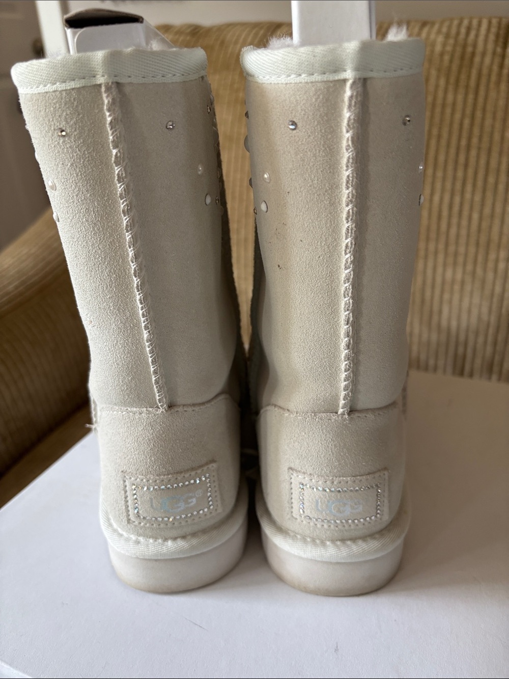 UGG NEW Ivory Suede Pearl & Crystal Embellished Ankle Boots - Picture 4 of 6
